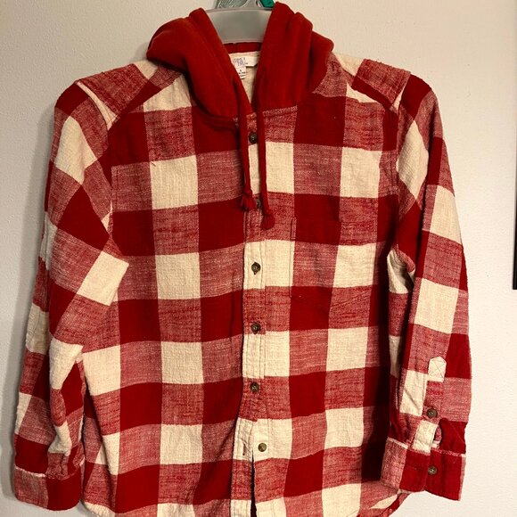 Time and Tru Hoodie Button Up Flannel Shirt Shacket Women Large Red & White Pld - Picture 1 of 9